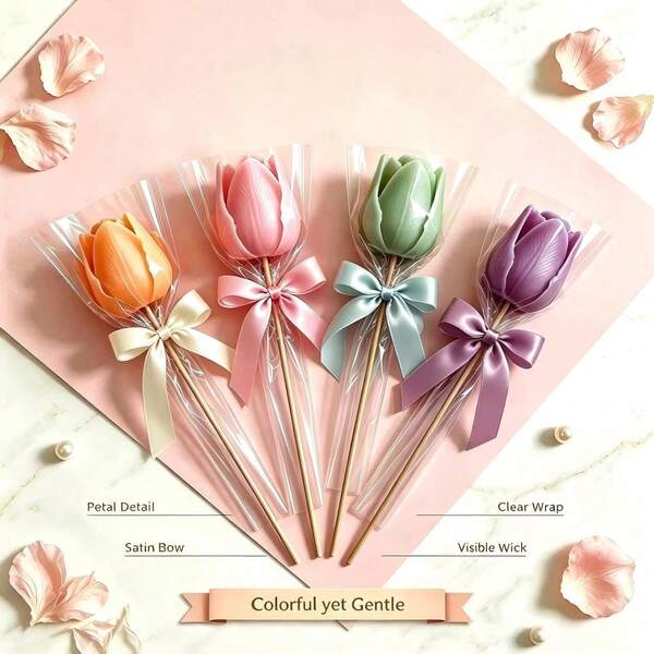 Macaron Color Tulip Satin Bow Fragrance Candle Stick, Handmade Floral Aromatherapy Candle, Decorative Long Stem Candle, Bridal Gift, Birthday Gift, Home Decor