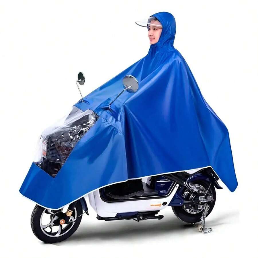 Impermeable tipo poncho para motocicleta con capucha y visor transparente, cobertura amplia para conductor y moto, reutilizable, ligero, práctico para lluvia y uso diario - Azul - Ver 1
