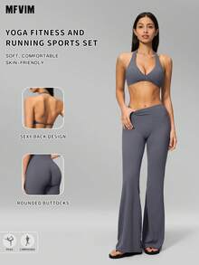 MFVIM Halter Backless Sports Bra, High Waist Butt Lifting Flare Leg Slimming Wide Leg Yoga Pants For Women - Dusty Blue - View 2