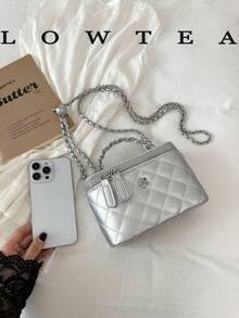 Low Tea 1pc Solid Color PU Fabric Handbag, Women's Fashion Mini Box-Shaped Top Handle Design, Zipper Closure, Vegan Leather Purse, Clean Girl - Silver - View 4