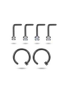 4PCS/6PCS Stainless Steel Claw Set Zirconia Nose Studs Nose Rings L-Shaped Mini Nose Studs Facial Decoration Piercing Jewelry - Multicolor - View 7