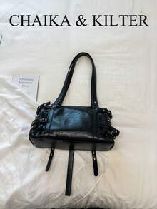 1pc Solid Color Shiny PU Fabric Women's Fashion Casual Shoulder Boston Pillow Bag With Metal Eyelet Decor, Multi-Pocket Design, Double Handle Zipper Closure, Suitable For Daily Shopping - Black - View 11
