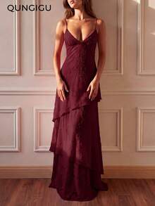 QUNGIGU Women's Spaghetti Strap Long Dress, Elegant Layered Design, Suitable For Wedding, Party, Graduation, Date, Summer Outfit - Redwood - View 2