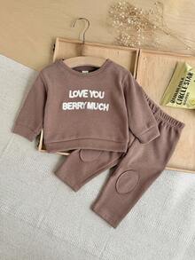 2Pcs/Set Infant Letter Embroidery Crew Neck Long Sleeve Sweatshirt & Knee Pad Leggings Set, Baby Versatile Casual Outfit - Apricot - View 3