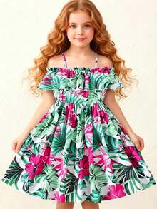 Vestido casual para niña preadolescente con tirantes finos con dobladillo de volantes y estampado floral veraniego - Verde - Ver 2