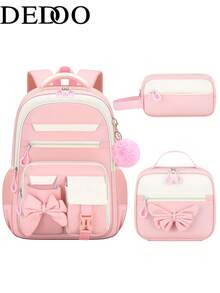 Dedoo 3-Piece Backpack, Tote Bag And Small Portable Bag Set, Bow Decor With Pom Pom Pendant, Double Zipper, Large Capacity, Student School Bag - Multicolor - View 12