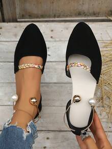 Women's New Pearl Ring Metal Flat Hollow Pointed Toe Low-Top Casual Beach Shoes - Black - View 5