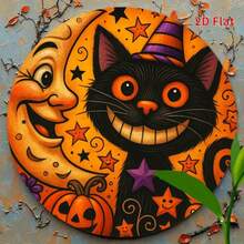 1 pièce Panneau métallique rond vintage américain d'Halloween, chapeau de sorcière, chat noir avec lune croissante anthropomorphique souriante, citrouille, étoile, imprimé de dessin animé, couleurs rétro orange et jaune, plaque murale métallique suspendue pour entrée de fête, salon, thème de vacances - Multicolore - Voir 8