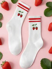 1/3/5 Pairs 3D Printed Cherry Pattern Mid-Calf Socks, Colorful Red Striped Ribbed Splicing Details, Soft And Skin-Friendly - Red - View 31