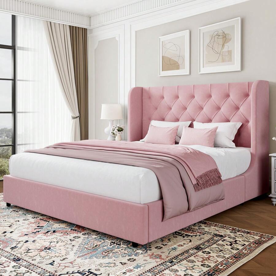 Modern Velvet Upholstered Bed Frame With Curved Wingback Design, Wooden Platform Bed Frame For Bedroom, Full Bed Frame/ Queen Bed Frame/ King Bed Frame/ Full Size Bed Frame/ Queen Size Bed Frame/ King Size Bed Frame,Pink/ White/ Grey - 粉色 - 查看 1