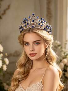 1pc Queen Crown And Headpiece Princess Crown, Suitable For Women And Girls, Perfect For Brides To Wear At Weddings And Halloween Parties - Black Royal Blue - View 8