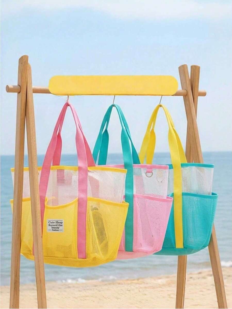Candy Color Mesh Tote Beach Bag, Travel Tote Bag, Large Capacity Hollow Mesh Handbag, Suitable For Outdoor Travel And Vacation - Multicolor - View 1