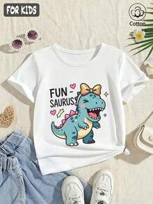 Summer/Autumn Cotton Short-Sleeved T-Shirt For Girls, Featuring A Cute Cartoon Blue And Green Dinosaur Print, In A Sweet And Charming Style - White - View 4