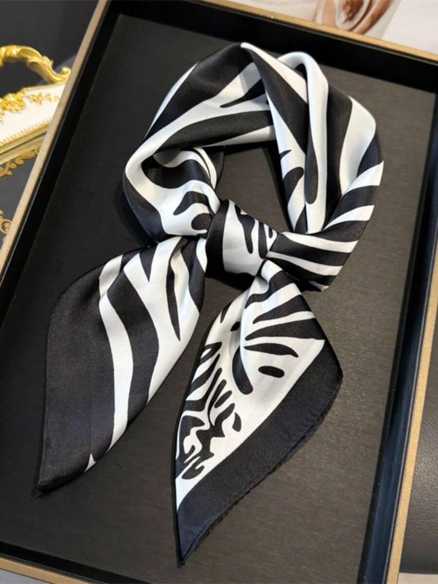 1件奢華品牌豹紋正方形女款仿絲綢領巾,休閒百搭裝飾小領帶 - 黑色 - 查看 1