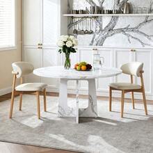 Modular Round Dining Table Set Consisting Of 1 Dining Table And 2 Dining Chairs, MDF Table With White Marble Effect, Dining Chairs With Oak Legs For Dining Room And Living Area - 白色 - 查看 3