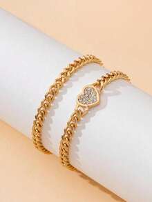 2 piezas Tobillera de cadena gruesa con corazón de estilo de playa metálico para mujeres (sin caja de regalo) - Dorado - Ver 3
