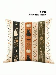 1/2/4pcs Faux Linen Halloween Gift Pillow Covers, Halloween Gift, Vintage Vertical Stripe Ghost Black Cat Pumpkin Skeleton Autumn Flower Illustration Print Pattern, Zipper Closure Easy To Remove And Install, Machine Washable, Pillow Insert Not Included - Multicolor - View 11