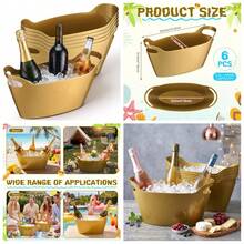 6 Pack 6l Ice Bucket For Parties, Plastic Beverage Tub With Handles, Portable Ice Drink Bucket For Wine, Champagne, Beer, Cocktail, Large Drink Chiller For Wedding, Bar, Picnic, Pool(Gold) - View 2