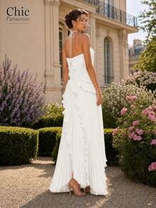 White:White Halter Ruffle Pleated Asymmetrical Formal Maxi Dress - 白色 - 查看 3