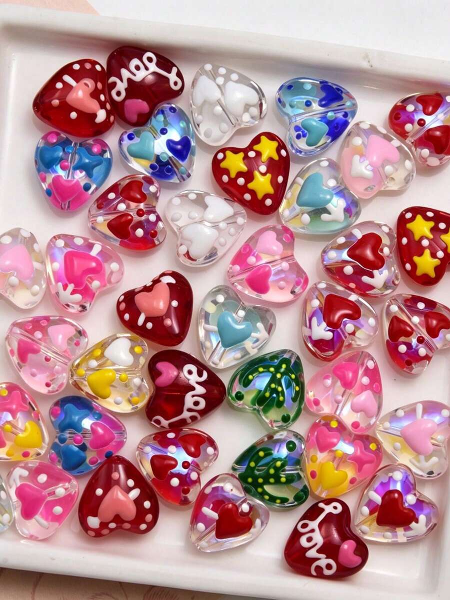 5pcs 14mm Dopamine Plated Double-Sided Heart Glass Beads DIY Necklace Bracelet Pendant Accessories Material - Heart-shaped Glass Beads - View 1