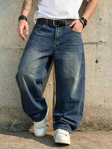 1 buah Celana Jeans Pria Model Longgar Kaki Lebar Gaya Vintage, Tidak Melar, Cocok untuk Pakaian Kasual & Kerja - Biru - View 3