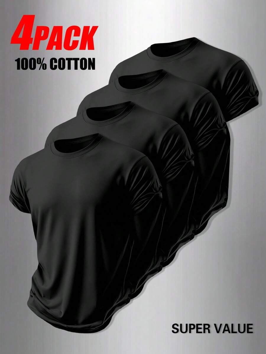 4-Pack Men's T-Shirts In Pure Cotton With Crew Neck And Print, Casual And Versatile, Ideal For Spring And Summer - 黑色 - 查看 1