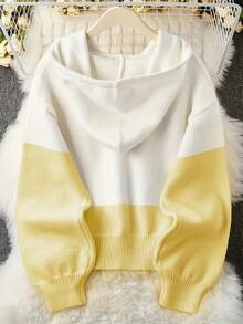 Women'S Casual  Color Block Hooded Sweater - Cozy Long Sleeve Cardigan With Button Details - Mustard Yellow - View 2