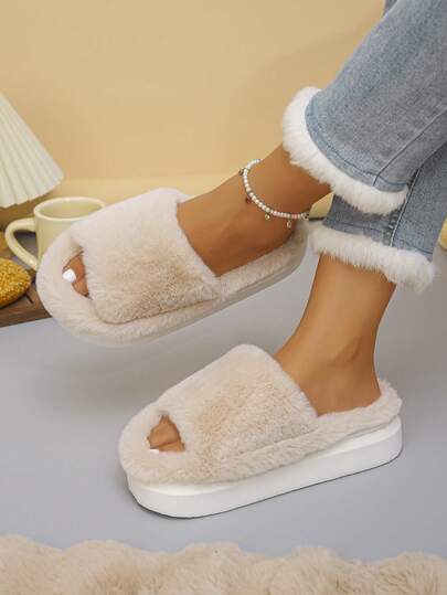 Women's 36-45 Size Apricot Fuzzy Casual Cute Fabric Fur Trim Soft Flat Slippers Indoor Outdoor Home Slippers Winter Thermal Lined Thick Warm