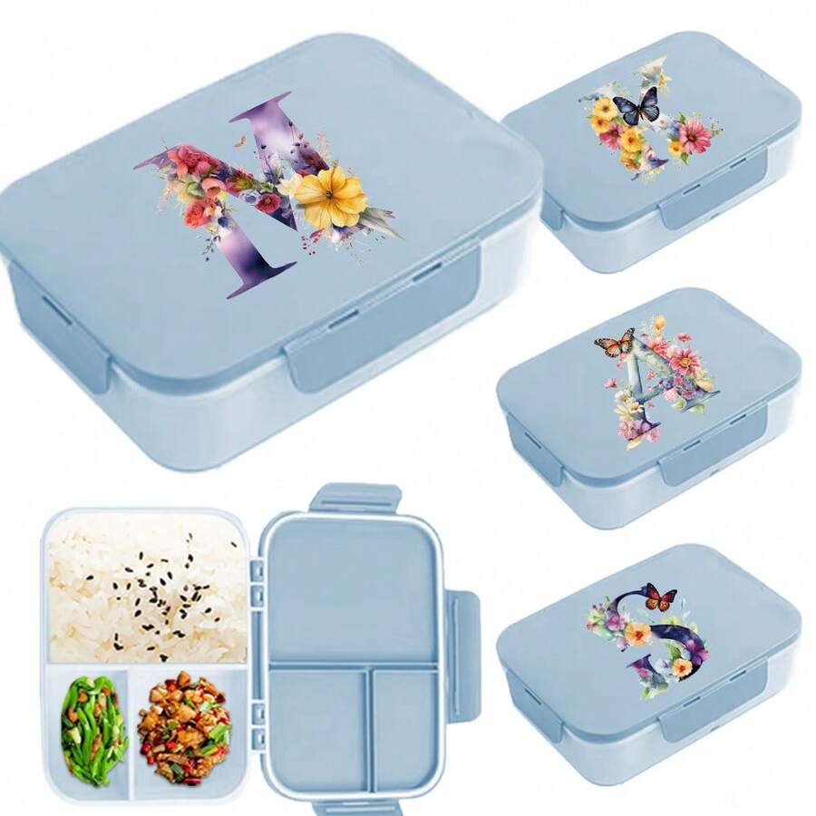 防漏 3 格便當盒 翻蓋式蓋子 三側扣環密封 防水食物儲存容器 便攜式 適用露營戶外野餐旅行辦公午餐與送禮 可刻印首字母姓名 蝴蝶字母 26 個字母圖案 - 藍色 - 查看 1