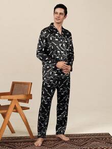 Men's Spring/Autumn Cardigan Faux Silk Pajama Set, High-End Long Sleeve Long Pants Comfortable Loungewear - Multicolor - View 4
