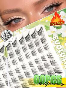 EYELASH EVOLUTION 60pcs C Curl New DIY False Eyelashes, Fluffy Soft 3D Faux Mink Natural Cartoon Cat Eye Single Cluster Lightweight False Eyelashes, Suitable For Makeup, Can DIY Lash Extensions At Home - View 1