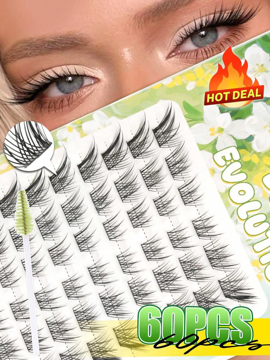 EYELASH EVOLUTION 60pcs C Curl New DIY False Eyelashes, Fluffy Soft 3D Faux Mink Natural Cartoon Cat Eye Single Cluster Lightweight False Eyelashes, Suitable For Makeup, Can DIY Lash Extensions At Home - View 1