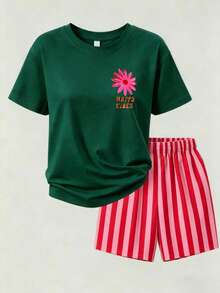 Women's T-Shirt, Casual Street Style Printed Short Sleeve T-Shirt, Cute Summer Top, Women's Vacation Set, Pink Striped Shorts Set Elegant - Dark Green - View 4