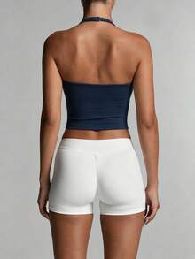 Women's Sports Casual Camisole Tank Top With Padded Cups, Spaghetti Strap Backless Ruched Solid Color Basic Top, Suitable For Yoga, Gym, Running, Workout, Daily Wear - Navy Blue - View 2