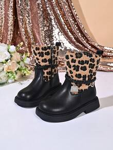 Autumn/Winter Girls' Leopard Print Plush Patchwork Mid-Calf Leather Boots With Woven Lace-Up, Rhinestone Charm, Side Zipper, Non-Slip Thick Sole, Sweet & Cool Fashion Ankle Boots - Khaki - View 2
