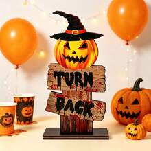 1pc Halloween Witch Pumpkin Wooden Tabletop Sign, Spooky "TURN BACK" Blood Pattern Freestanding Decor, Vintage Wooden Sign Ornament For Home Shelf Fireplace Halloween Party Indoor Decorations - Multicolor - View 5