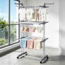 Three-Tier Clothes Drying Rack With Two Bars (Including 3 Sock Clips) – Freestanding Clothes Drying Rack – Suitable For Indoor And Outdoor Use – Foldable And Extendable – Waterproof And Rustproof – Made Of Carbon Steel - Grey - View 5