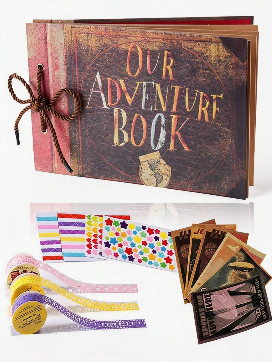 1pc 11.4/7.4in 80 Pages Travel Diary Scrapbook Vintage Style Travel Keepsake Vintage Kraft Paper Scrapbook Ring Binder Photo Album DIY Anniversary Wedding Travel Record Friends Birthday Gift Valentine's Day Halloween Christmas New Year Gift - Alphabet Adventure Scrapbook Album - View 1