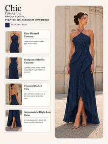 Navy Blue:Navy Blue Pleated Ruffle Halter Formal Evening Dress - 深藍色 - 查看 4