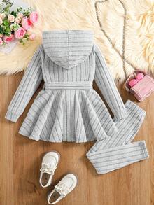 Conjunto de vestido con capucha de manga larga acanalada y leggings con bordado de dibujos animados para niña - Gris - Ver 2