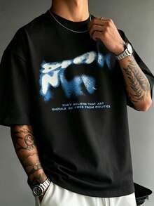 Men's Black Spray Paint Graffiti Letter & Text Slogan Loose Fit T-Shirt, Soft Breathable Avant-Garde Urban Style Summer Casual Top - Black - View 1