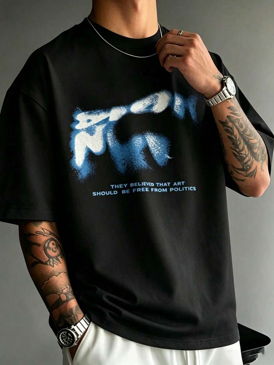 Men's Black Spray Paint Graffiti Letter & Text Slogan Loose Fit T-Shirt, Soft Breathable Avant-Garde Urban Style Summer Casual Top - Black - View 1