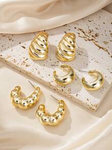 3 Pairs Fashion Minimalist Cloud Embossed Spiral Cone Crescent C-Shaped Unique Women's Stud Earrings, Suitable For Daily Casual, Party, Photo Shoot, Jewelry Gift For Friends - Yellow Gold - View 3