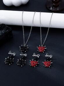 1 Set Fashion Punk Gothic Style Bow Knot Thorn Spike Heart Enamel Necklace & Earrings Set, Hot Girl Daily Party Matching Jewelry Set - Thorn Heart Bow Necklace and Earring Set - View 2