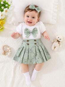 2 pezzi/Set Outfit stile dolce per bambine, Top a costine lavorato a maglia con decorazione a fiocco e stampa a cuore + Gonna plissettata in tessuto, Maniche a palloncino, Gonna plissettata a-line, Estate - Verde - Visualizzare 2