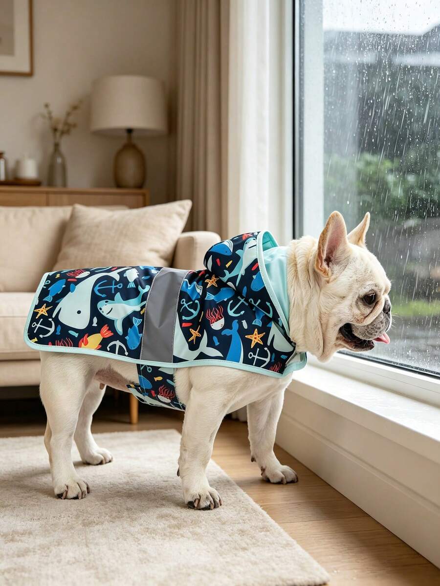 1pc Reversible Hooded Dog Raincoat, Cute Shark Print Reflective Waterproof Jacket, Adjustable Hook And Loop Rain Gear, Suitable For Small And Medium Dogs