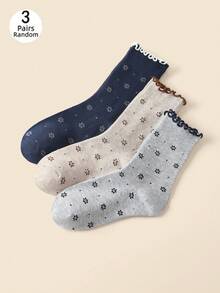 3 Pairs Multi-Size Women's Mid-Calf Socks, All-Season Vintage Ins Style, Full Body Floral Polka Dot Ruffle Lace Trim, Sweet Girl Luxury Style Women's Socks, Vintage Slouch Socks, Random Color - Multicolor - View 12