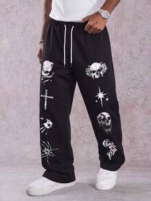 MAISONFOX Men's Skull Print Street Hip-Hop Sweatpants Wide Leg,Retro Old Money Style Drawstring Casual Comfortable Straight Leg Pants,Loose Fit Unisex Jogger - Black - View 3