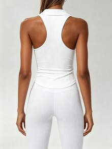 Canotta estiva in stile europeo e americano con collo a revers, lavorata a maglia a costine, sportiva casual versatile, bianca - Bianco - Visualizzare 3