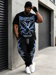 Plus Size Men's 2-Piece Set, Round Neck Graphic T-Shirt + Men's Jogger Pants, "Eagle + Lightning" Print Casual Outfit, Streetwear Series, Men's Summer Clothing - Polyester Fabric, Drawstring, Pockets, Suitable For Plus Size - Black - View 1